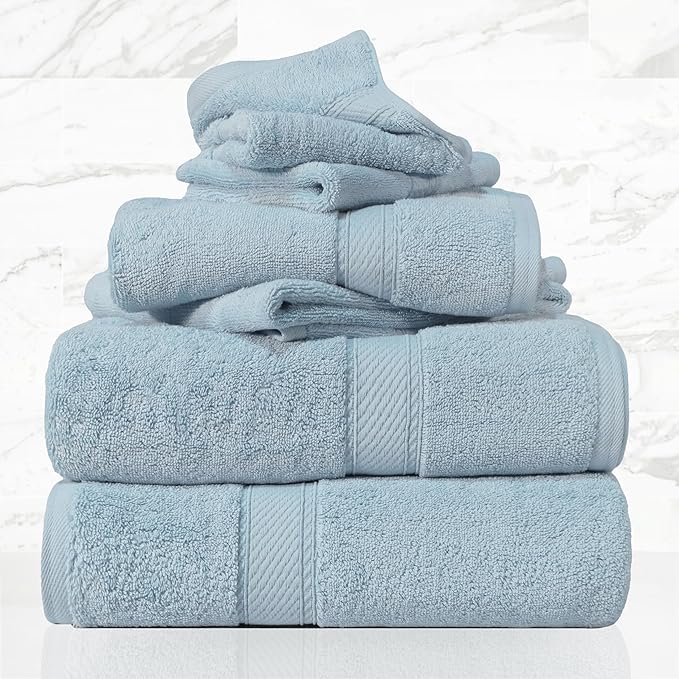 Superior Egyptian Cotton Pile 6 Piece Towel Set, Includes 2 Bath, 2 Hand, 2 Face Towels/Washcloths, Ultra Soft Luxury Towels, Thick Plush Essentials, Guest Bath, Spa, Hotel Bathroom, Light Blue