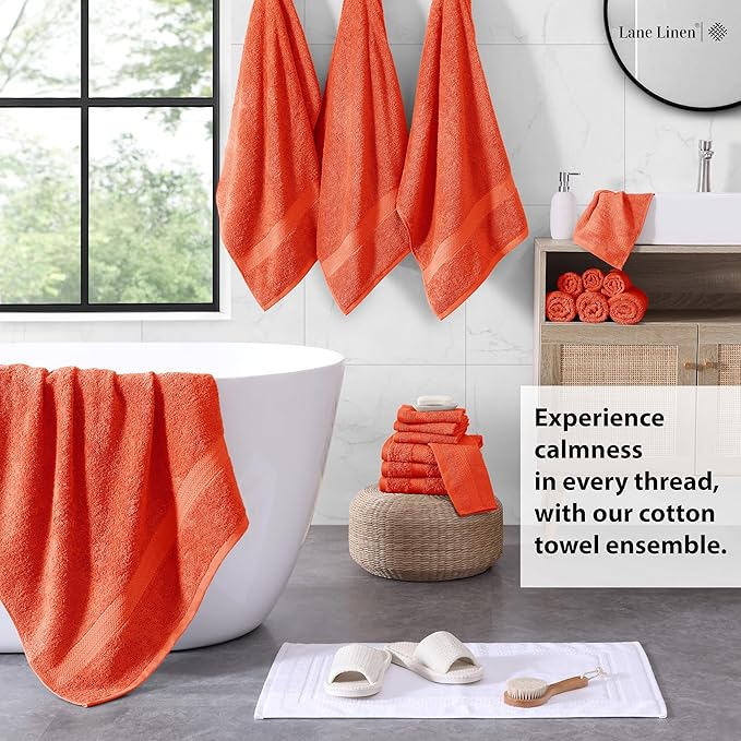 LANE LINEN 100% Ring Spun Cotton Luxury Bath Towel Set, 18 PCs - 4 Bath Towels, 8 Washcloths, 6 Hand Towels for Bathroom - Sustainably Produced & Pet Friendly, Oeko-Tex Certified - Tiger Lily