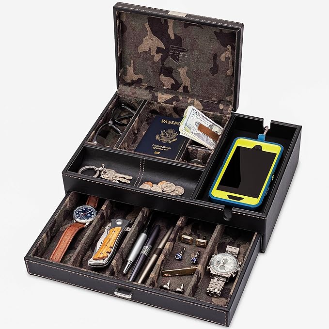 HOUNDSBAY Admiral Dresser Valet Box, Camo Gifts for Men, Mens Jewelry Box Organizer, Watch Box Organizer for Men