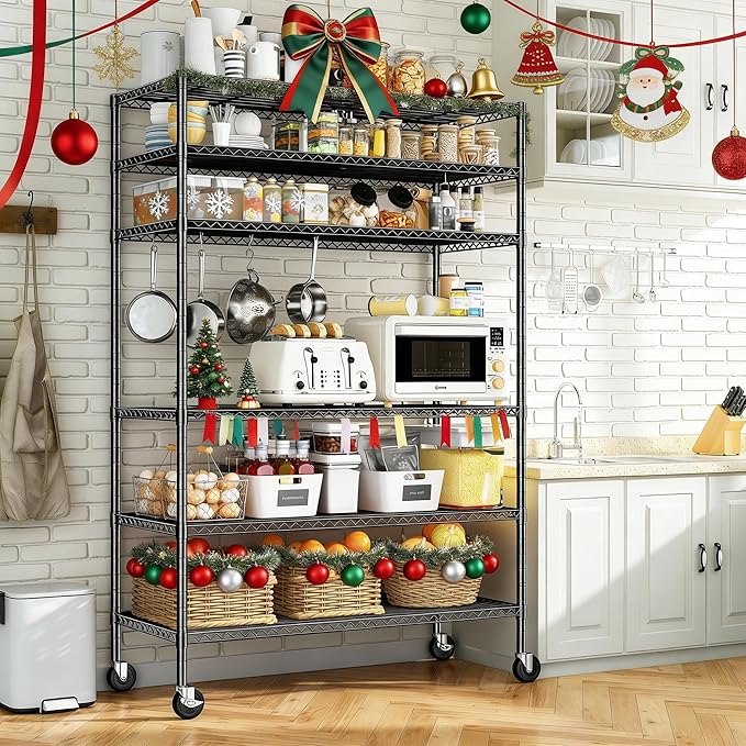 82" H X45 W X18 D Wire Shelving Unit, 6 Tier Adjustable Storage Shelves with Wheels 1200LBS Metal Shelving for Restaurant Garage Pantry Kitchen Closet Commercial,Black