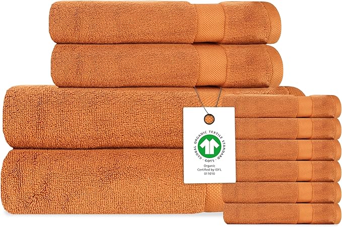 Delara Organic Cotton Luxuriously Plush Bath Towel 10 Piece Set|GOTS & Oeko-TEX Certified|Premium Hotel Quality Towels|Feather Touch Technology|650 GSM Long Staple|Soft, Quick Dry & Ultra-Absorbent
