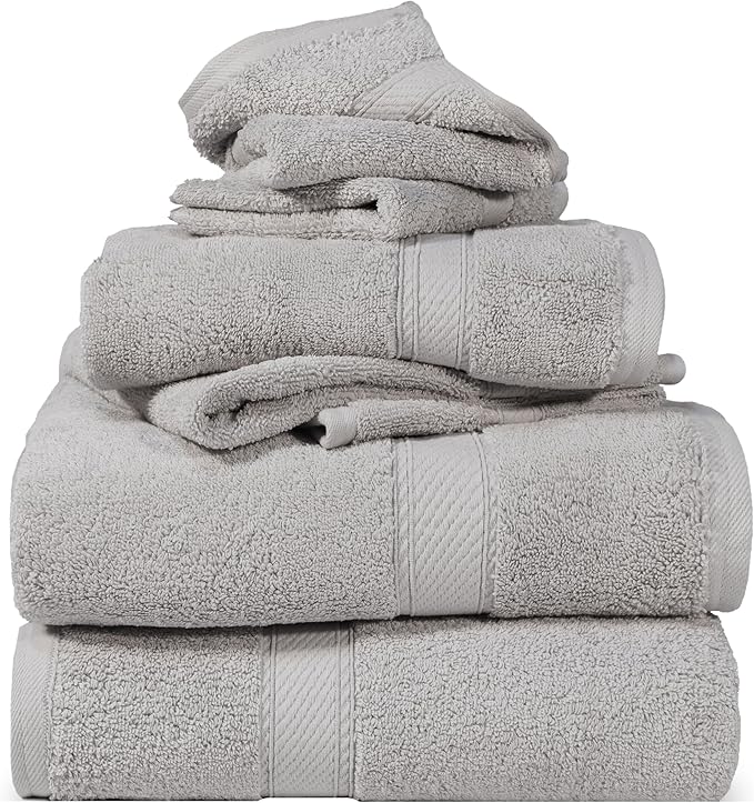 Superior Egyptian Cotton Pile 6 Piece Towel Set, Includes 2 Bath, 2 Hand, 2 Face Towels/Washcloths, Ultra Soft Luxury Towels, Thick Plush Essentials, Guest Bath, Spa, Hotel Bathroom, Silver