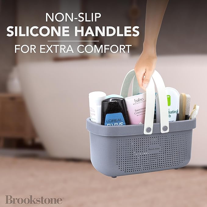 Brookstone BKH1633, Large Portable Shower Caddy with Soft Silicone Carrying Handle, Bathroom Organizer Basket, Plastic Bath Tote, Dries Quickly with Drainage Holes [BPA Free], Gray