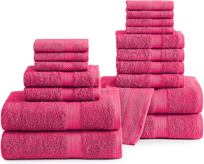 LANE LINEN 100% Ring Spun Cotton Luxury Bath Towel Set - 18 PCs - 4 Bath Towels, 8 Washcloths & 6 Turkish Hand Towels for Bathroom - Sustainably Produced, Ultra Soft & Absorbent - Fuschia
