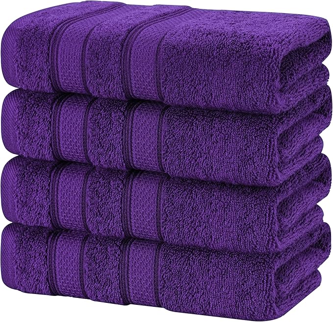 American Soft Linen Salem 100% Cotton Turkish 4 Piece Hand Towels for Bathroom, 600 GSM Soft Absorbent Quickdry Hand Face Towel Set, Purple