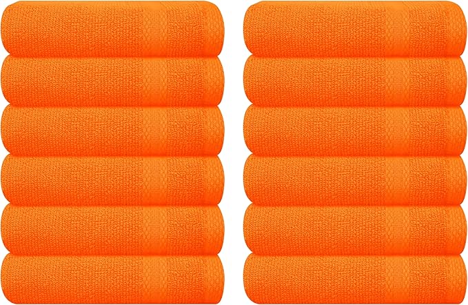 GLAMBURG Ultra Soft 12-Piece Washcloths Set 13x13-100% Ringspun Cotton - Durable & Highly Absorbent Face Towels - Ideal for use in Bathroom, Kitchen, Gym, Spa & General Cleaning - Orange