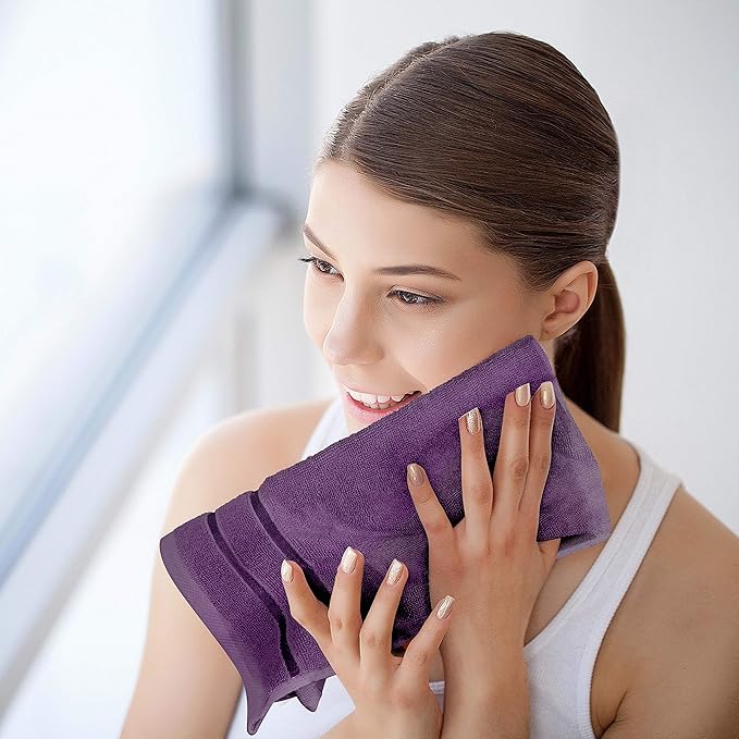 Utopia Towels 8 Piece Luxury Towel Set, 2 Bath, 2 Hand, and 4 Wash Cloths, 600 GSM Ring Spun Cotton, Highly Absorbent Viscose Stripe Towels, Ideal for Everyday use, Plum