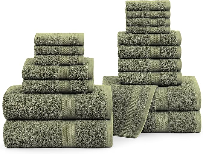 LANE LINEN 100% Cotton Luxury Towel Set for Bathroom - 18 Pieces, Ring Spun - Plush, Soft & Highly Absorbent - 4 Shower Towels, 8 Washcloths, 6 Hand Towels - Complete Bathroom Towel Set - Oil Green