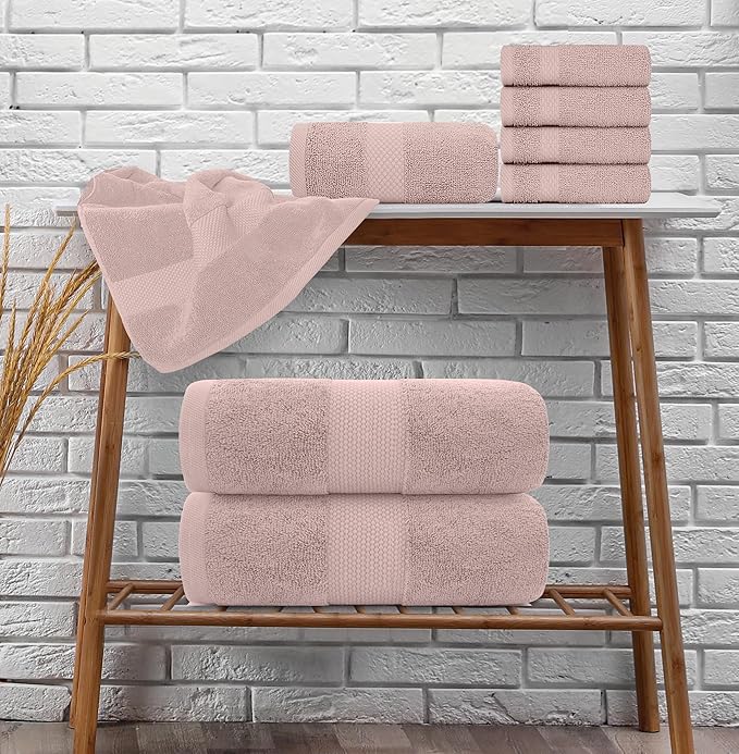 White Classic Luxury Bath Towel Set of 8 Pieces - 100% Turkish Cotton Highly Absorbent Towels for Bathroom, 2 Luxury Bath Towels 700GSM, 2 Hand Towels, 4 Washcloths, Pink