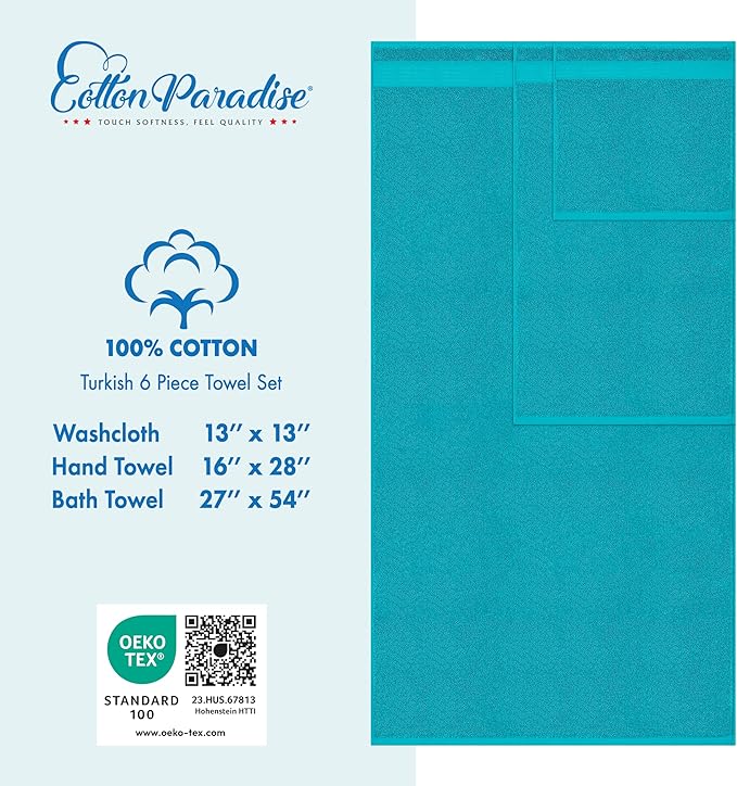 Cotton Paradise 6 Piece Towel Set 100% Cotton Soft Absorbent Turkish Towels for Bathroom 2 Bath Towels 2 Hand Towels 2 Washcloths, Aqua Blue Towel Set