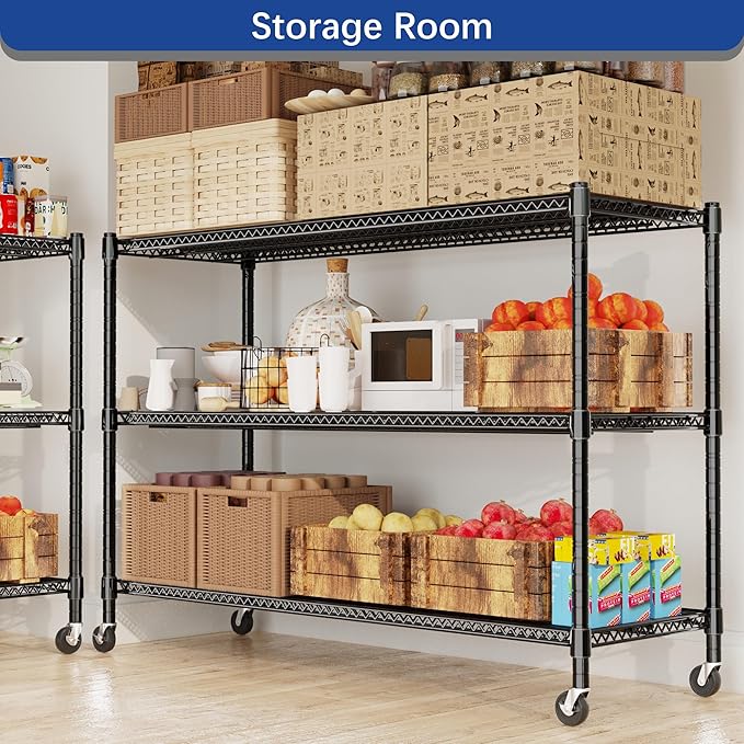 REGILLER 3-Wire Shelf Adjustable Heavy Duty Storage Shelves,Metal Organizer Wire Rack for Laundry Bathroom Kitchen Pantry Closet Garage Shelving with Wheel(Black,24" Dx59.6 Wx47.6 H)