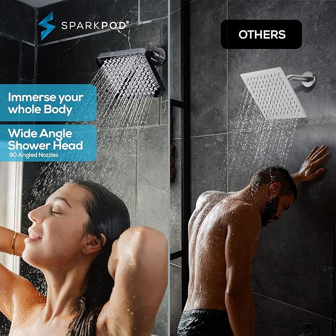 SparkPod Shower Head - High Pressure Rain - Premium Quality Luxury Design - 1-Min Install - Easy Clean Adjustable Replacement for Your Bathroom Shower Heads (Charcoal Grey, 6 Inch Square)