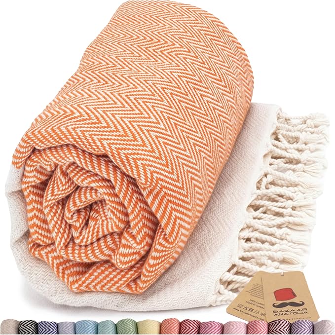 Bazaar Anatolia Turkish Beach Towel 100% Cotton Bath Towels 71x39 Quick Dry Sand Free Lightweight Large Oversized Herringbone Orange