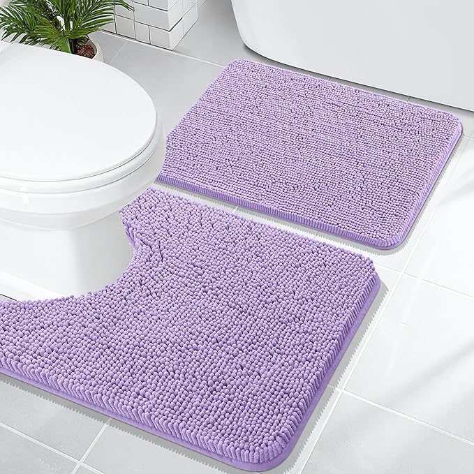 OLANLY Bathroom Rugs Sets 2 Piece, Soft Absorbent Chenille Bath Mats and U-Shaped Contour Toilet Mat Area Rug Set, Machine Washable Bath Carpet, Home Decor Accessories(24"x16"+24"x20", Lavender)
