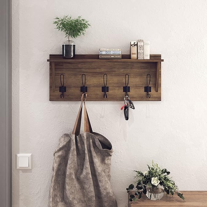 HBCY Creations Rustic Wall Mounted Coat Rack with Shelf - Solid Wood 24" Entryway Shelf with 5 Coat Hangers. Perfect Touch for Your Entryway, Mudroom, Kitchen, Bathroom and More, Weathered Brown