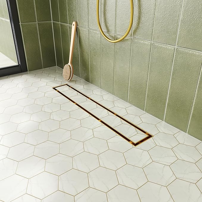 Neodrain 18-Inch Linear Shower Drain with Tile Insert Grate, Golden 304 Stainless Steel Rectangle Shower Floor Drain, Linear Drain with Leveling Feet, Hair Strainer