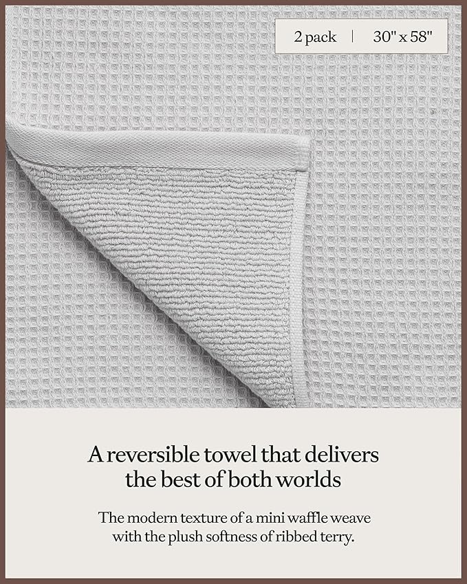 Cozy Earth Waffle Bath Towels - 60% Cotton 40% Viscose from Bamboo Bath Towels 30 x 58 Inches - Soft & Absorbent Terry, Reversible Mini Textured Waffle & Weave Pattern - 2 Pack