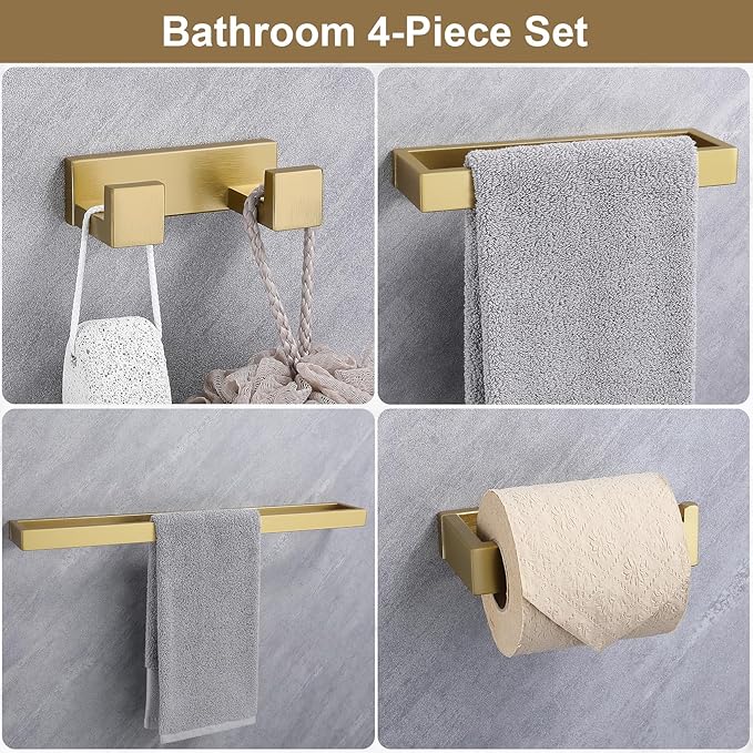 Lairuier Bathroom Hardware Accessories Set, Brushed Gold 4-Piece Bathroom Hardware Set Including Towel Bar,Towel Holder, Toilet Paper Holder, Towel Hook, Stainless Steel Bath Towel Bar Set