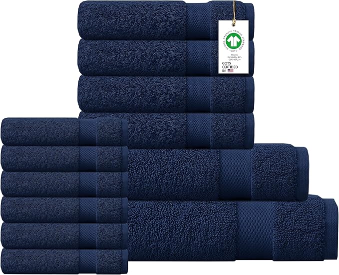 Delara 100% Organic Cotton Towels 650 GSM Plush Feather Touch Quick Dry Towel, 12-Piece Towel Set GOTS Certified, Oeko-Tex Green Certified, 1 Bath Towel, 1 Bath Sheet, 4 Hand Towels & 6 Wash Cloths
