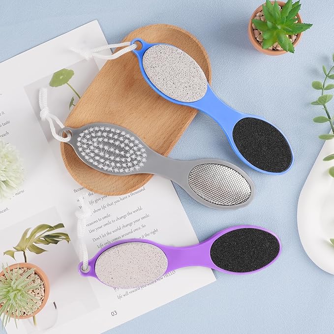 3 Pcs 4 in 1 Foot Brush for Use in Shower with Pumice Stone, Foot Rasp and Sandpaper, Foot Scrubber Brush for Feet, Dead Skin Remover for Foot Care (3 Colors)