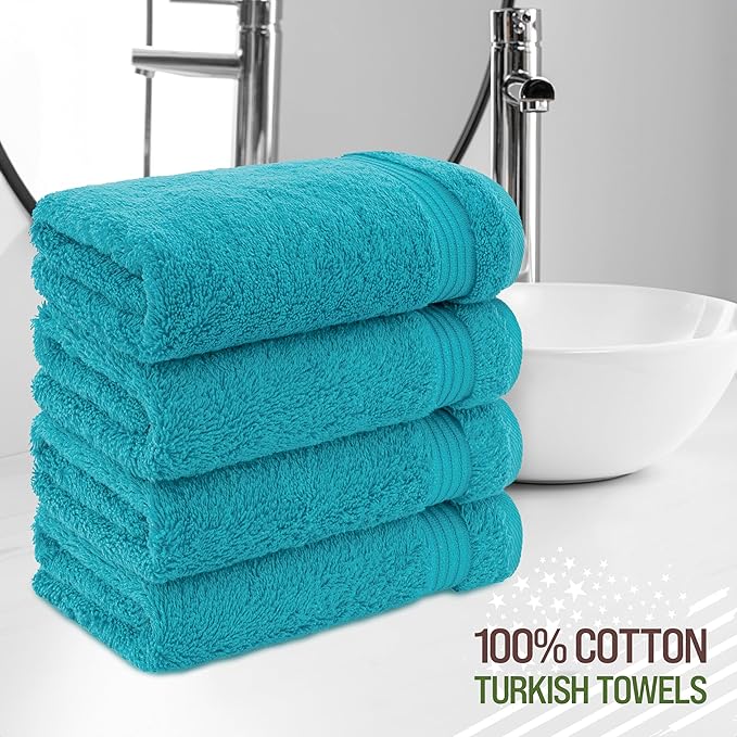 American Veteran Towel, Hand Towels for Bathroom Set of 4, 100% Cotton Turkish Hand Towel Sets, Soft Hand Face Towels, Aqua Blue Hand Towels