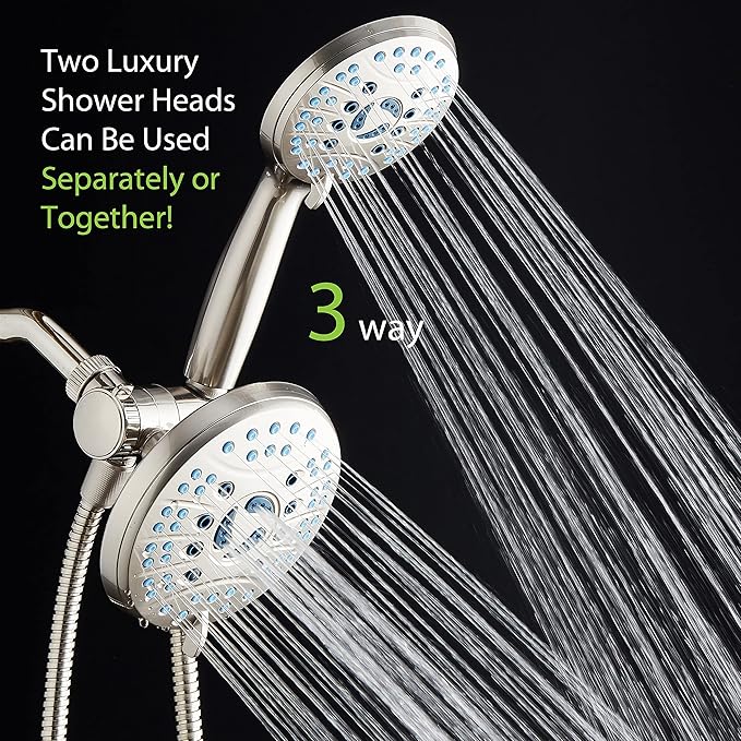 Hotel Spa AquaCare As-Seen-On-TV High Pressure Handheld & Rain 50-mode 3-way Shower Head Combo with Anti-clog Jets, 2-mode Tub & Pet Power Wash, Extra Wall Bracket, 6 ft. Hose, Nickel Finish