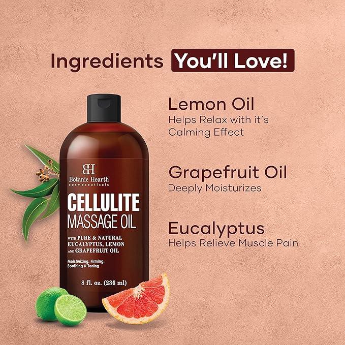 Botanic Hearth Anti Cellulite Massage Oil | Cellulite Oil for Thighs and Butt Firming | Unique Blend of Massage Essential Oils | Improves Skin Tone, Skin Firmness & Tightness | 8 Fl Oz