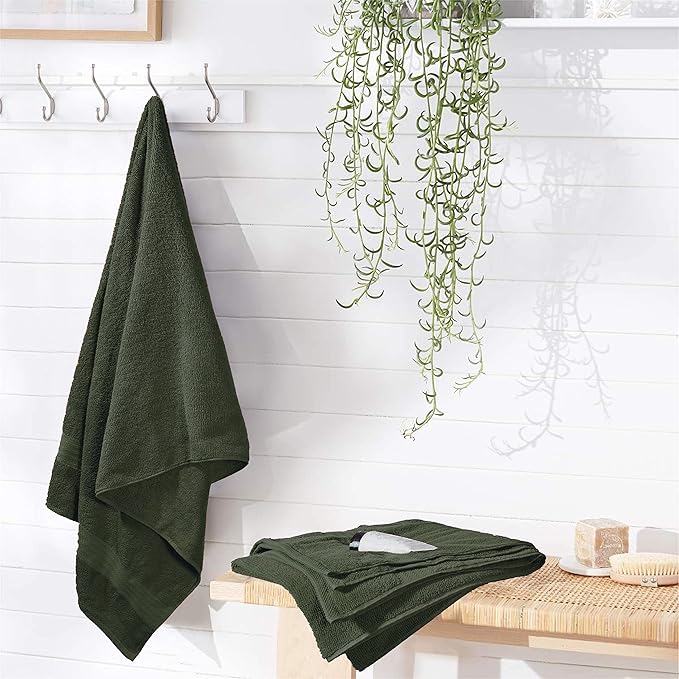 GLAMBURG Premium Cotton 4 Pack Bath Towel Set - 100% Pure Cotton - 4 Bath Towels 27x54 - Ideal for Everyday use - Ultra Soft & Highly Absorbent - Olive Green