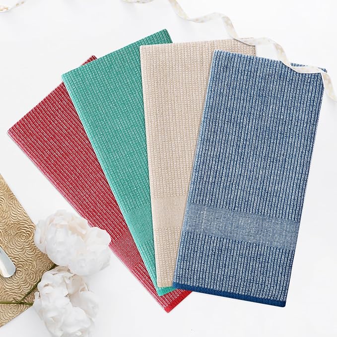 Homaxy Premium Kitchen Towels(18”x 28”, 12 Pack), Large Cotton Kitchen Hand Towels, Flat and Terry Dish Towels, 380 GSM Highly Absorbent Tea Towel Set with Hanging Loop, Navy Blue/Red/Green