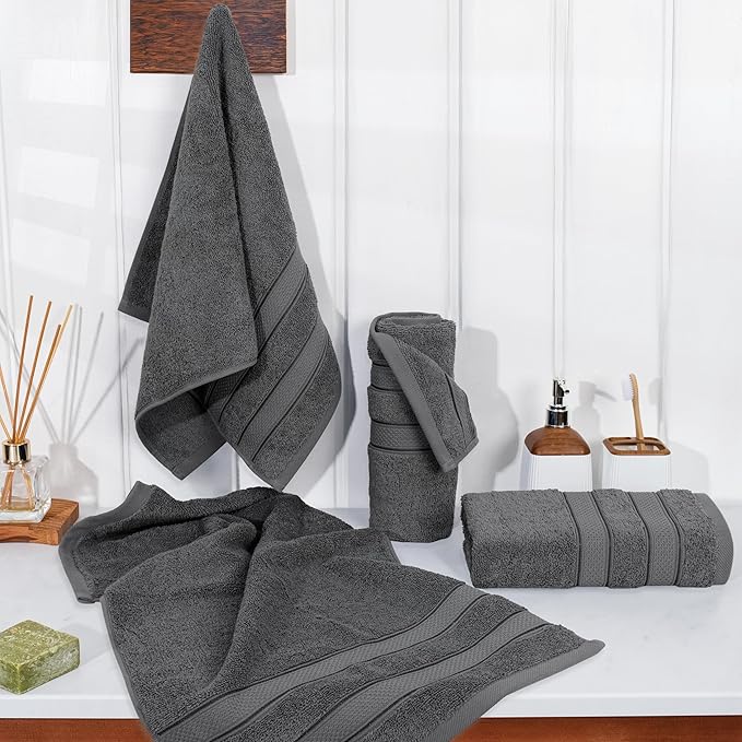 American Soft Linen Salem 100% Cotton Turkish 4 Piece Hand Towels for Bathroom, 600 GSM Soft Absorbent Quickdry Hand Face Towel Set, Dark Gray