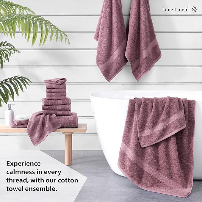 LANE LINEN 100% Mercerized Cotton Luxury Bathroom Towel Set - 16 Pcs - Super Soft, Fluffy & Highly Absorbent - 4 Bath Towels, 8 Washcloths, 4 Hand Towels - Pre Shrunk, Pet Friendly - Wishful Mauve