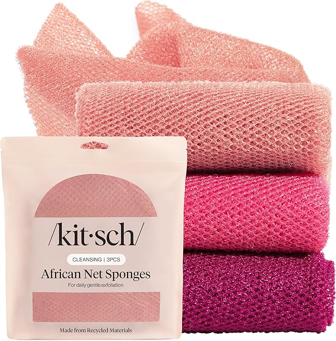 Kitsch African Net Sponge – Exfoliating Body Scrubber for Cleansing & Gentle Daily Exfoliation – Stretchable Bath Sponge for Hard-to-Reach Areas, Long-Lasting Shower Essential - Berry Pink, 3 Pcs