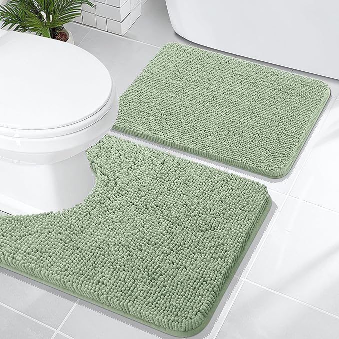 OLANLY Bathroom Rugs Sets 2 Piece, Soft Absorbent Chenille Bath Mats and U-Shaped Contour Toilet Mat Area Rug Set, Machine Washable Bath Carpet, Home Decor Accessories(24"x16"+24"x20", Sage Green)
