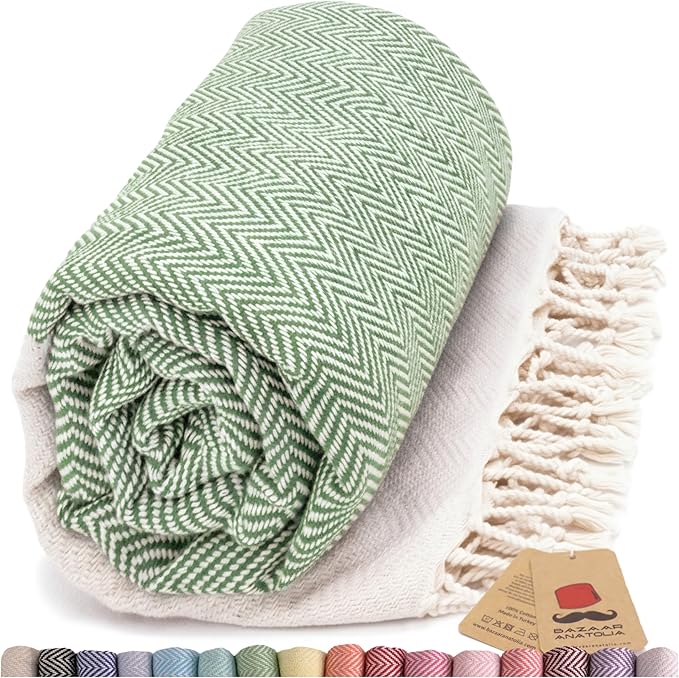 Bazaar Anatolia Turkish Beach Towel 100% Cotton Bath Towels 71x39 Quick Dry Sand Free Lightweight Large Oversized Herringbone Green