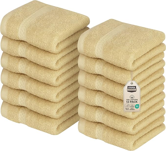 Utopia Towels 12 Pack Premium Wash Cloths Set, 12 by 12 Inches, 100% Cotton Ring Spun, Highly Absorbent and Soft Feel Essential Washcloths for Bathroom, Spa, Gym, and Face, Champagne