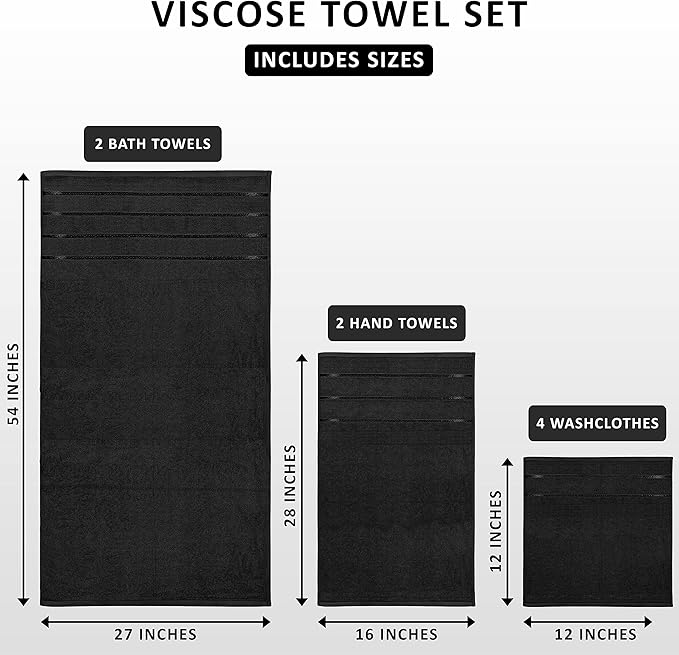 Utopia Towels 8 Piece Luxury Towel Set, 2 Bath, 2 Hand, and 4 Wash Cloths, 600 GSM Ring Spun Cotton, Highly Absorbent Viscose Stripe Towels, Ideal for Everyday use, Black
