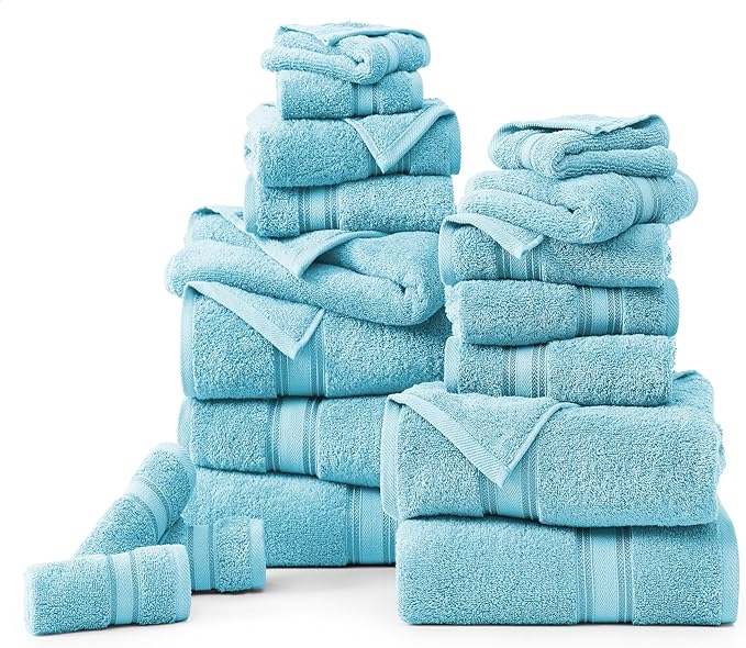 LANE LINEN Luxury 18-Piece Solid Cotton Bathroom Towel Set - 6 Bath Towels, 6 Hand Towels, 6 Wash Cloths - Blue