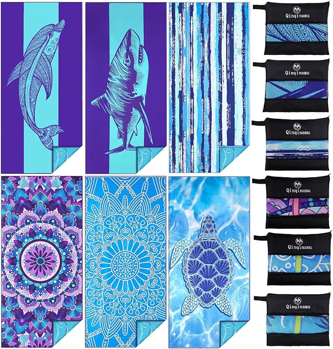 6 Pack Microfiber Oversized Lightweight Beach Towel 71x32 Extra Thin Large Sand Free Towels Travel Swim Pool Yoga Gym for Adults Women Men Beach Essentials Accessories Vacation Gift