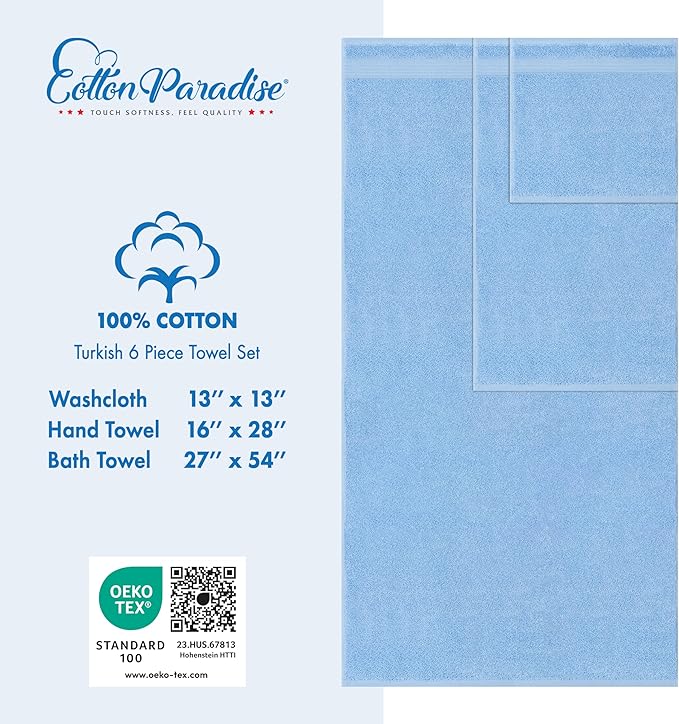 Cotton Paradise 6 Piece Towel Set 100% Cotton Soft Absorbent Turkish Towels for Bathroom, 2 Bath Towels 2 Hand Towels 2 Washcloths, Sky Blue Towel Set