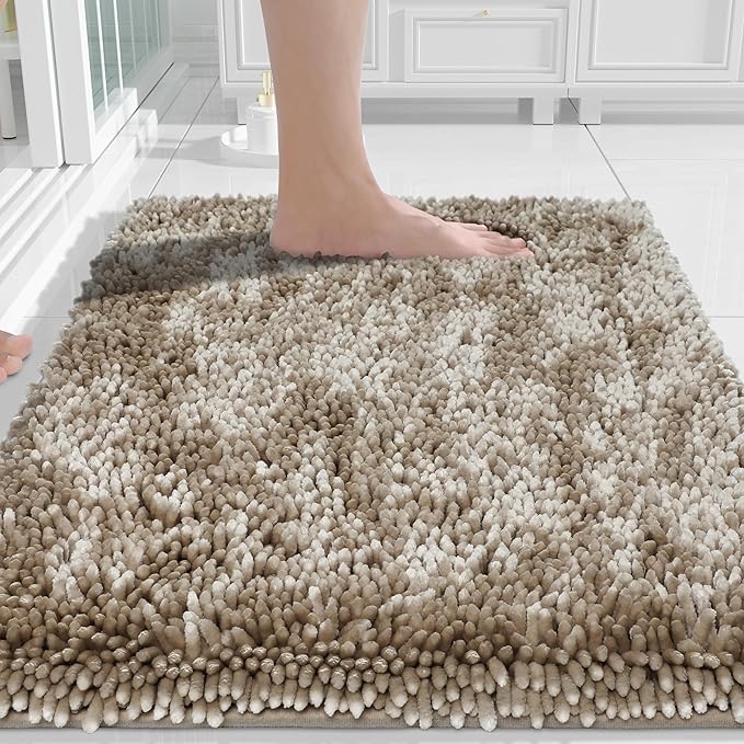 Yimobra Chenille Bathroom Rugs Non Slip, Extra Thick Soft Absorbent Bath Rug, Machine Washable Quick Dry Bath Mat for Bathroom Floor, Tub and Shower, Home Decor Accessories, 24x17, Camel