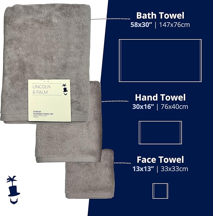 Lincoln & Palm 3 Piece Turkish Towels Set, Thick, Soft, Plush 700 GSM Spa & Hotel Quality, Silver Infused SILVERbac | Bath 58x30, Hand 30x16, Face Wash Cloth 13x13 (3 Piece Towel Set, Silver)