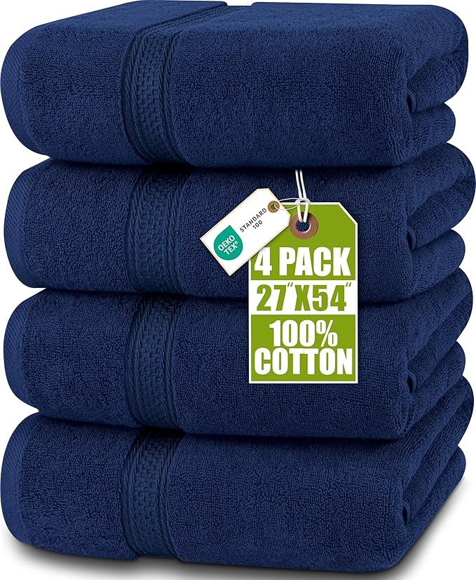 Utopia Towels 4 Pack Premium Bath Towels Set, 27 by 54 Inches, 100% Ring Spun Cotton 600GSM, Lightweight and Highly Absorbent Quick Drying Towels, Perfect for Daily Use, Navy