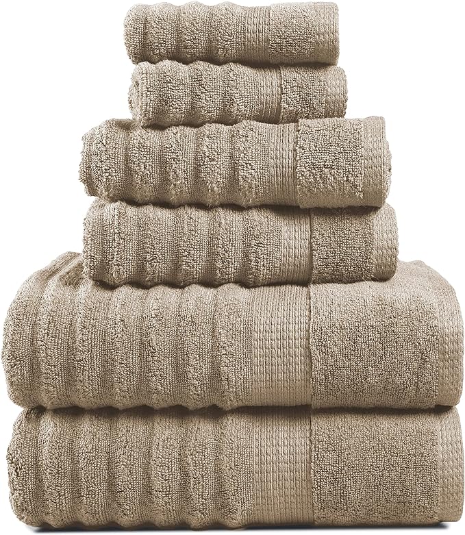 LANE LINEN Bath Towel Set - Soft and Absorbent, Ribbed, 100% Cotton Towels for Bathroom, Hotel, Body & Spa - 2 Bath Towels Large Size, 2 Bathroom Hand Towel and 2 Wash Cloths (6 Piece Set) - Taupe