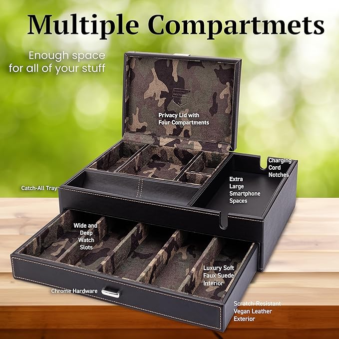 HOUNDSBAY Admiral Dresser Valet Box, Camo Gifts for Men, Mens Jewelry Box Organizer, Watch Box Organizer for Men