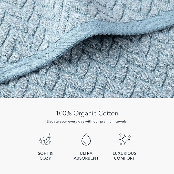 Texere 100% Organic Cotton Jacquard 650 GSM Premium Bath Towel Sets - Extra Absorbent Quick Dry and Plush (Cable, Smoke Blue, 4 Bath Towels)