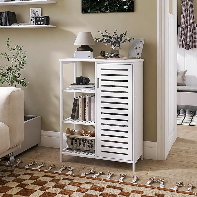 HITNET Bathroom Cabinet Freestanding, Bamboo Floor Cabinet, Side Storage Organizer with Door and 3 Shelves, Living Room Kitchen Cupboard, White