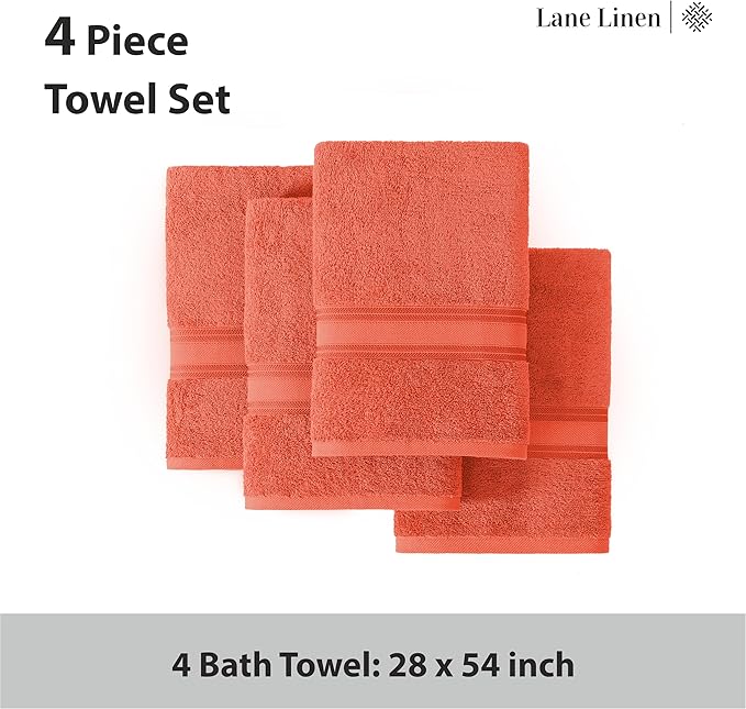 LANE LINEN 100% Cotton Zero Twist, Bath Towels (28"x54") - 4 Pieces - Large Towels for Bathroom - Quick Drying, Soft & Absorbent Large Shower Towel Set - Used in Gym, Hotel, Spa, Home - Living Coral