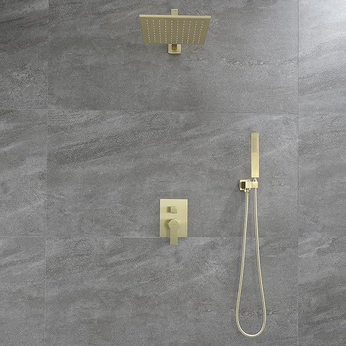 SHAMANDA Brass Rainfall Shower System, Luxuly Bathroom Shower Faucet Combo Set Brushed Gold(Including Rough-In Valve Body and Trim), L70001-3