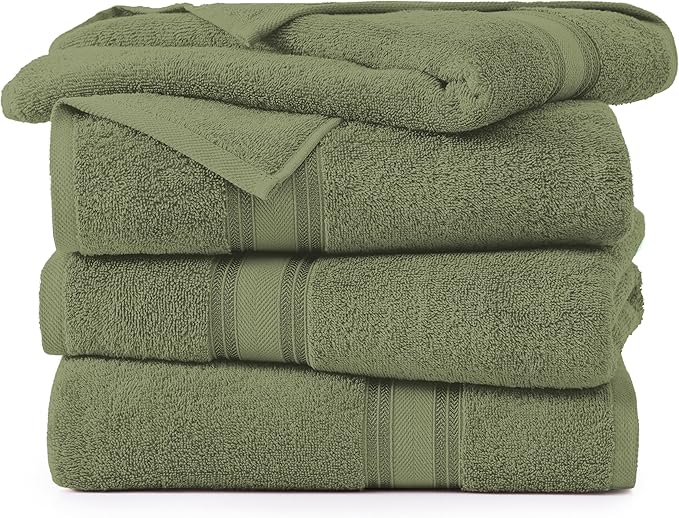 Lane Linen 100% Cotton 4 Pack Bath Towels (30"x60") - Zero Twist, Mercerized Cotton Bathroom Towel Set - Quick Dry, Extra Soft & Absorbent Large Bath Towels - Tumble Dry Regains Fluffiness - Oil Green