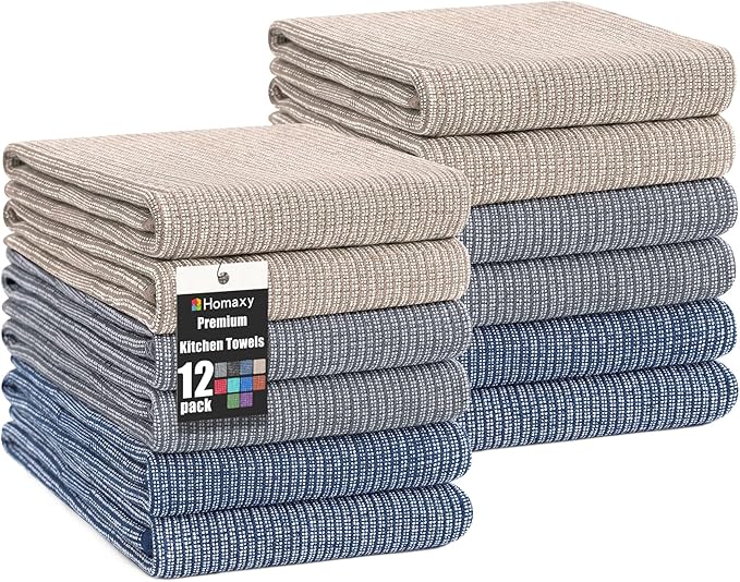 Homaxy Premium Kitchen Towels(18”x 28”, 12 Pack), Large Cotton Kitchen Hand Towels, Flat and Terry Dish Towels, 380 GSM Highly Absorbent Tea Towel Set with Hanging Loop, Multicolor
